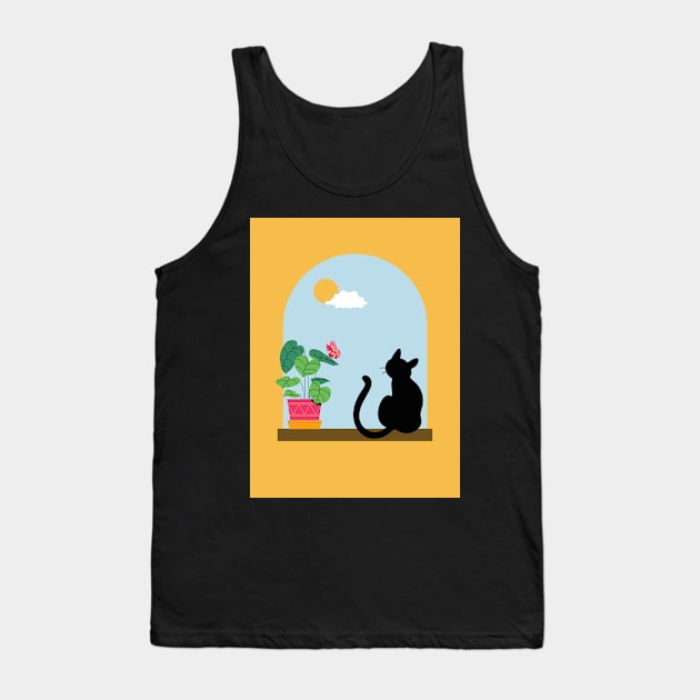 Minimalistic Illustration of Cat Sitting Boho Aesthetic Tank Top by Just Kidding Co.